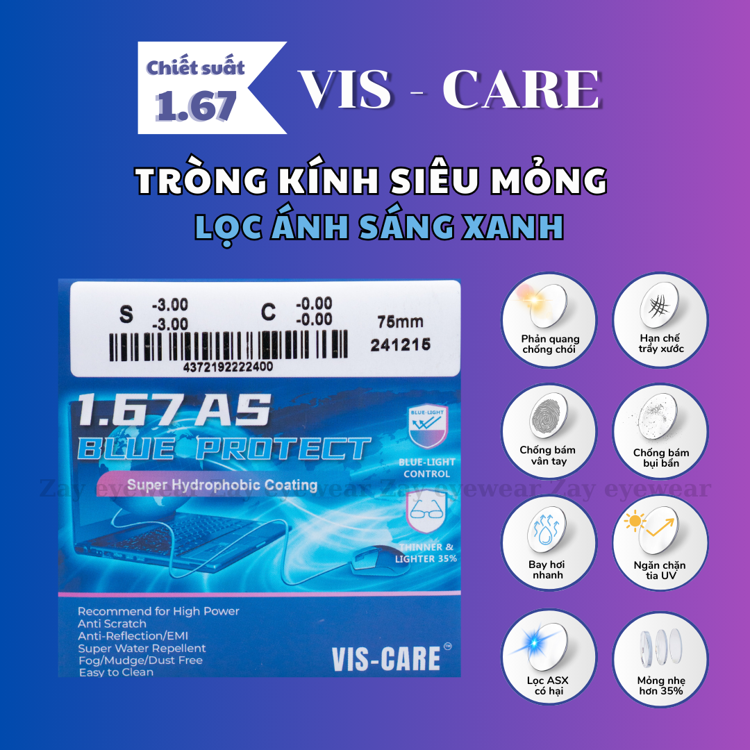  Tròng kính Chống ánh sáng xanh Siêu mỏng 1.67 Vis Care Singapore AS Blue Protect chính hãng 