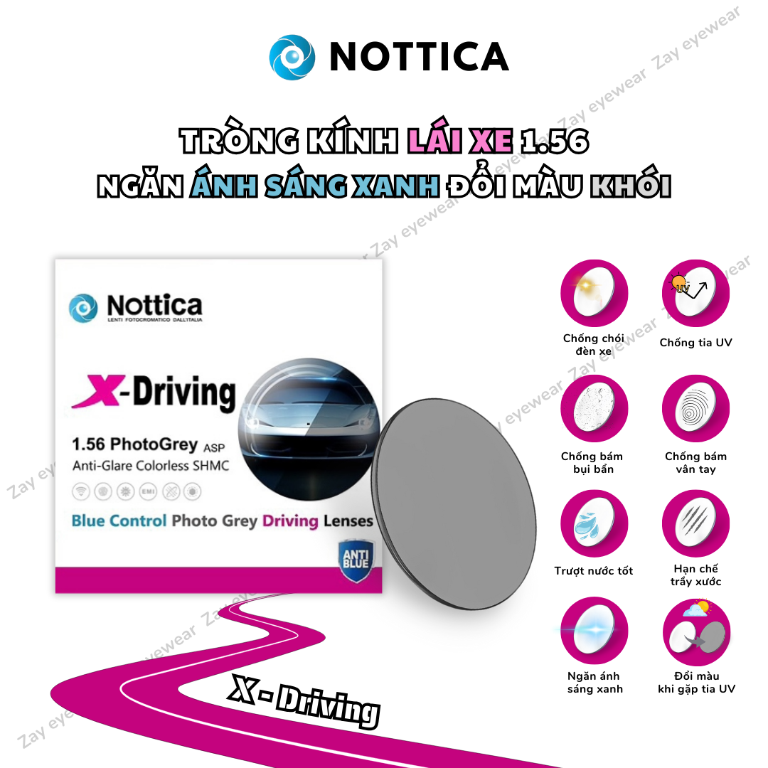 Tròng kính Chuyên dụng cho lái xe giảm chói đèn xe Đổi màu Chống ánh sáng xanh 1.56  Nottica Italy chính hãng 