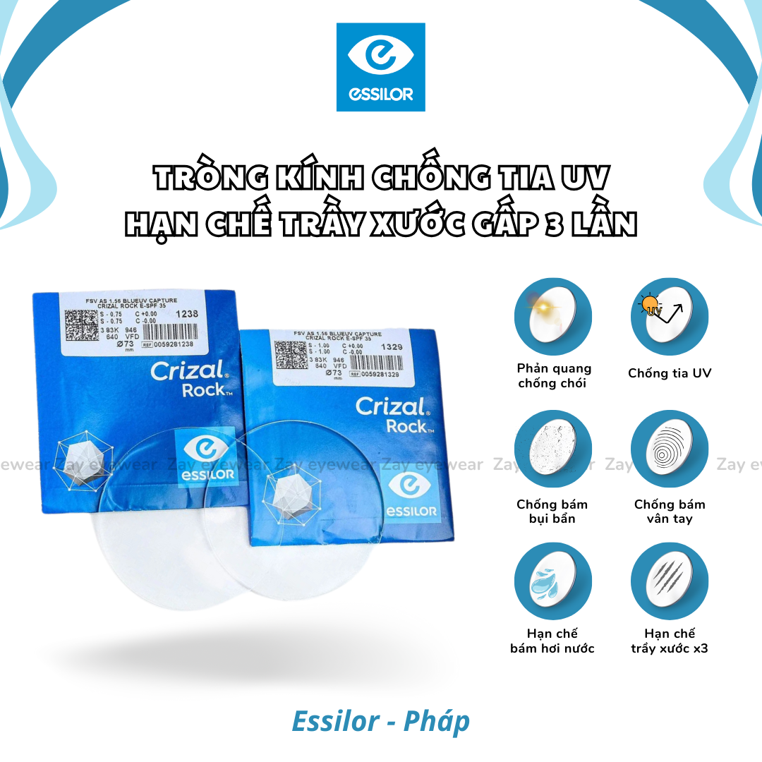  Tròng kính Essilor Pháp Crizal® Rock ngăn ánh sáng xanh chống tia UV hạn chế trầy xước gấp 3 lần - Pháp chính hãng 