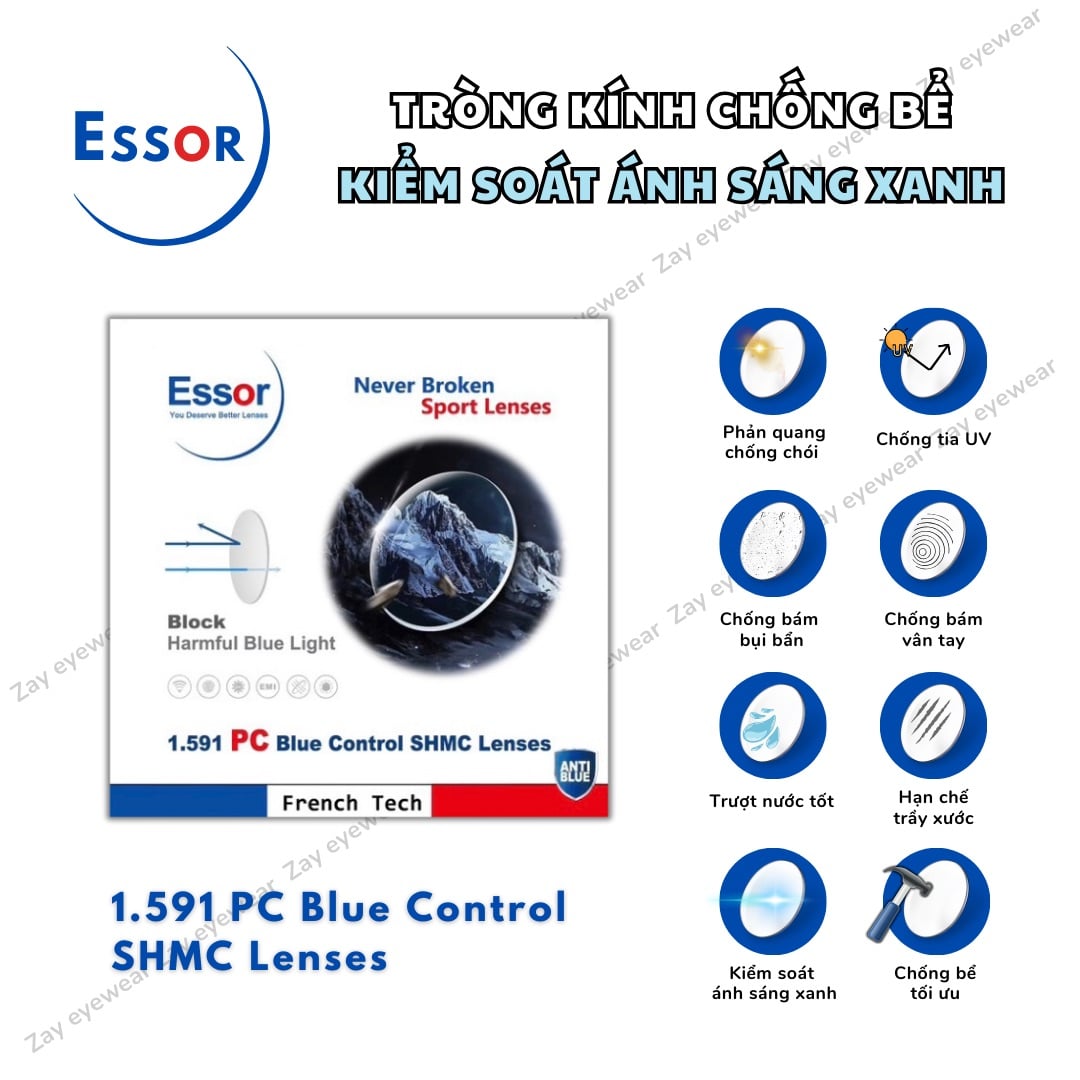  Tròng kính Chống bể tuyệt đối Kiểm soát ánh sáng xanh Essor PC SPORT LENSES 1.59 chính hãng 