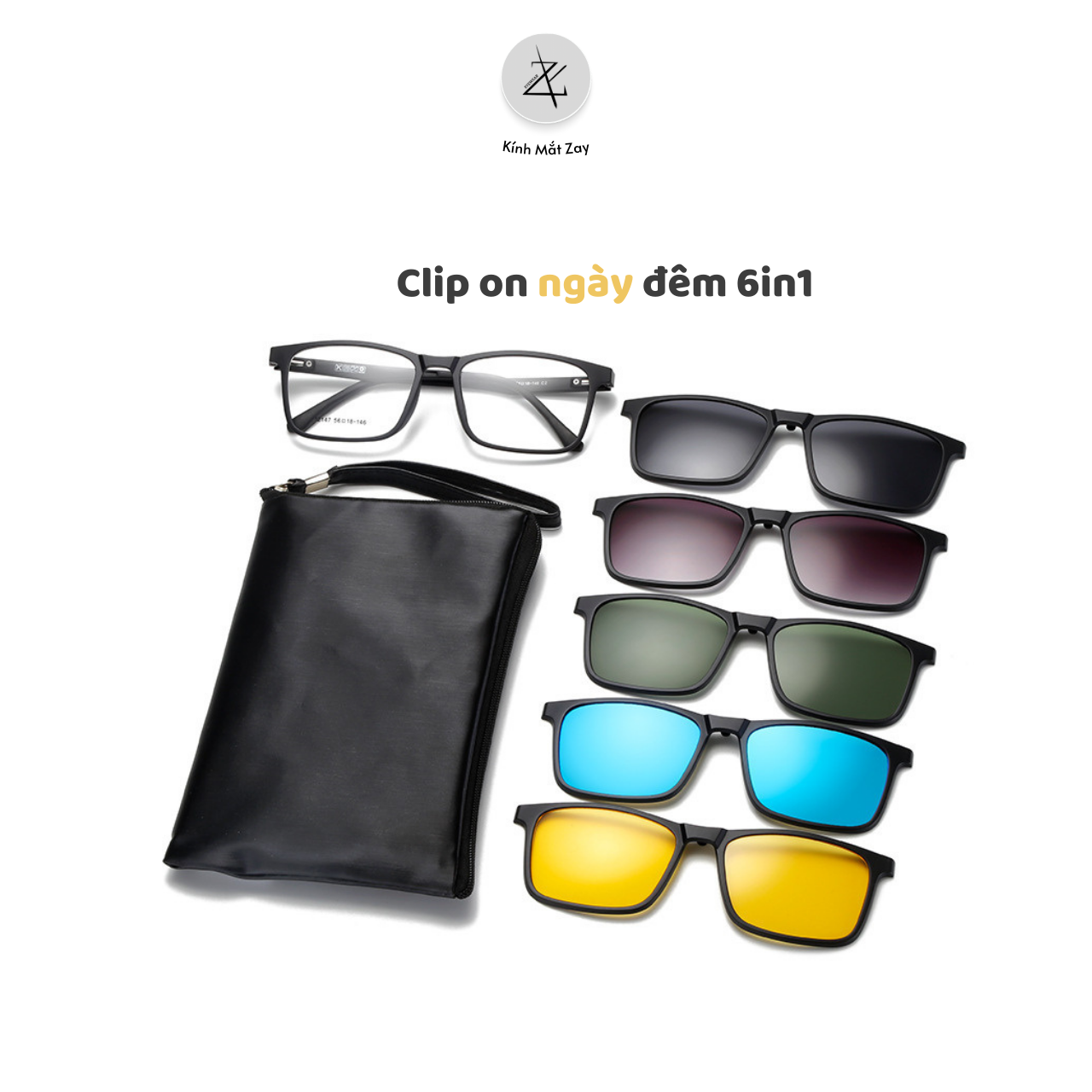  Kính râm cận thời trang Clip on 12147 phân cực 5 Trong 1 nhựa TR90 cao cấp 