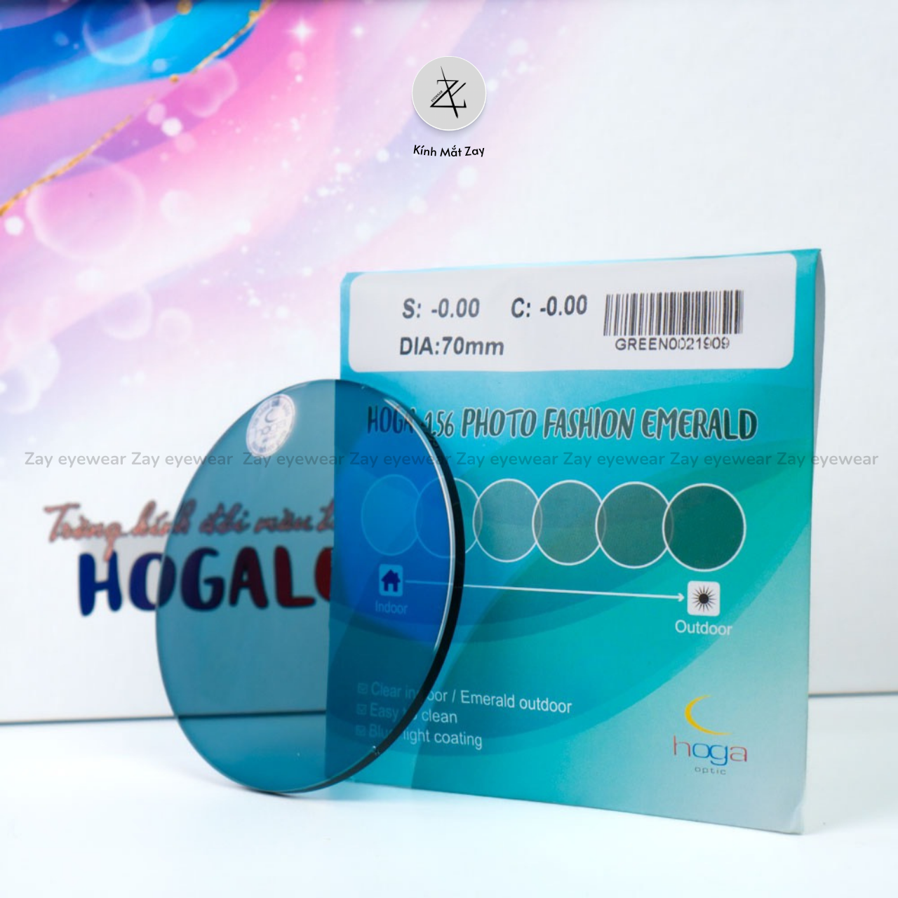  Tròng kính Đổi màu Trendy Xanh lục bảo, Xanh biển, Hồng, Tím Hoga 1.56 SHMC chống UV chính hãng 
