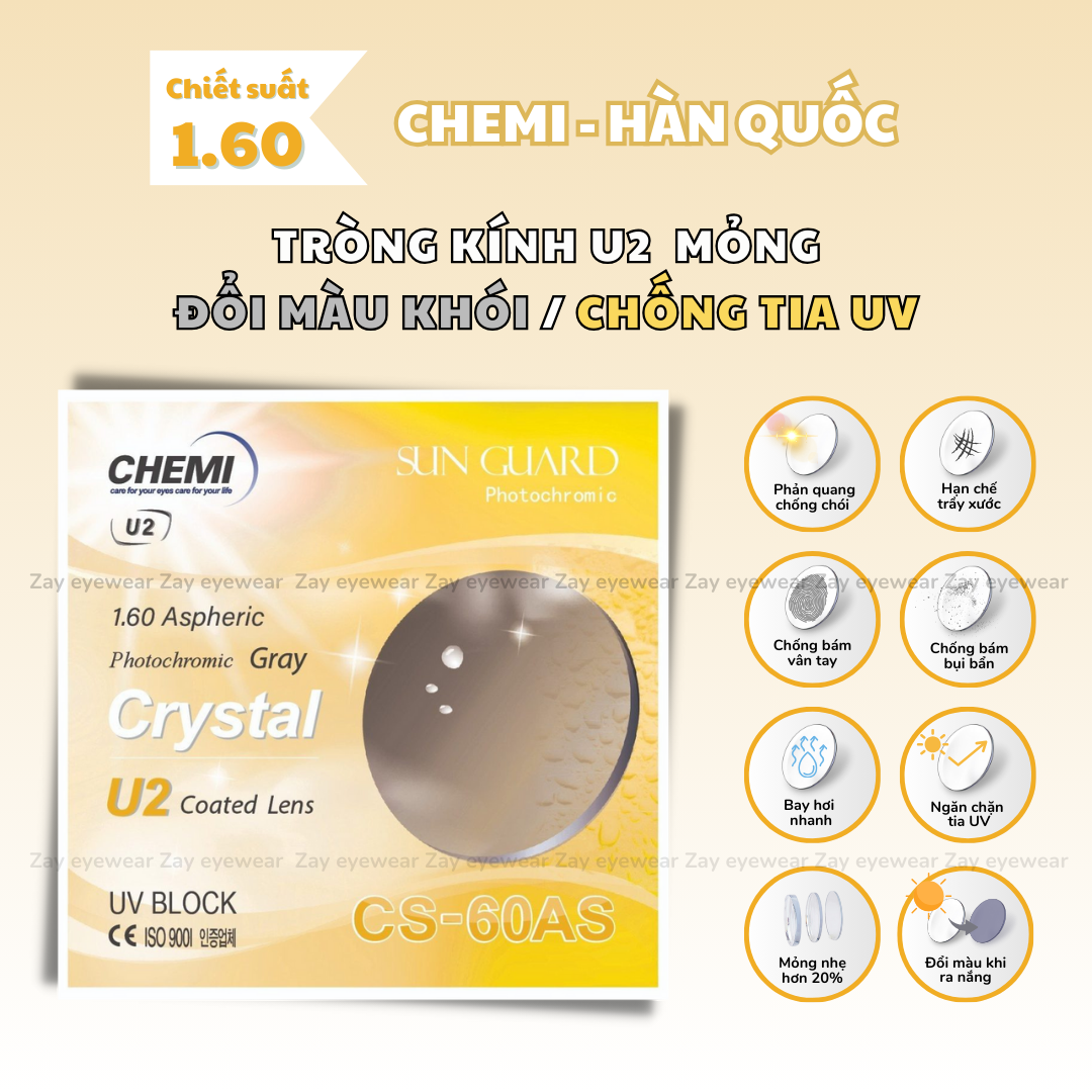 Tròng kính Đổi màu khói Chống tia UV Chemi U2 Photochromic 1.56 1.60 ASP Hàn Quốc chính hãng 