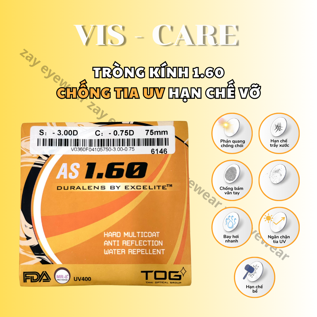  Tròng kính Hạn chế vỡ Chống tia UV Mỏng Vis Care Singapore 1.60 SHMC chính hãng 