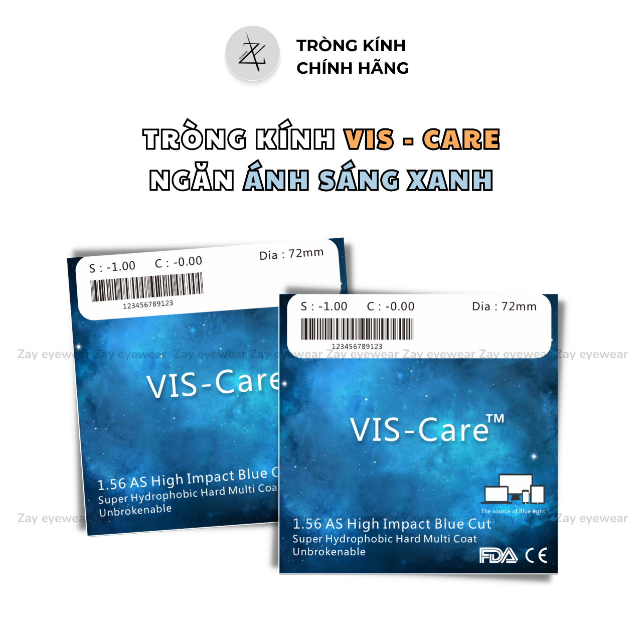  Tròng kính Chống bể Chống ánh sáng xanh Vis Care Singapore 1.58 Blue Cut SHMC chính hãng 