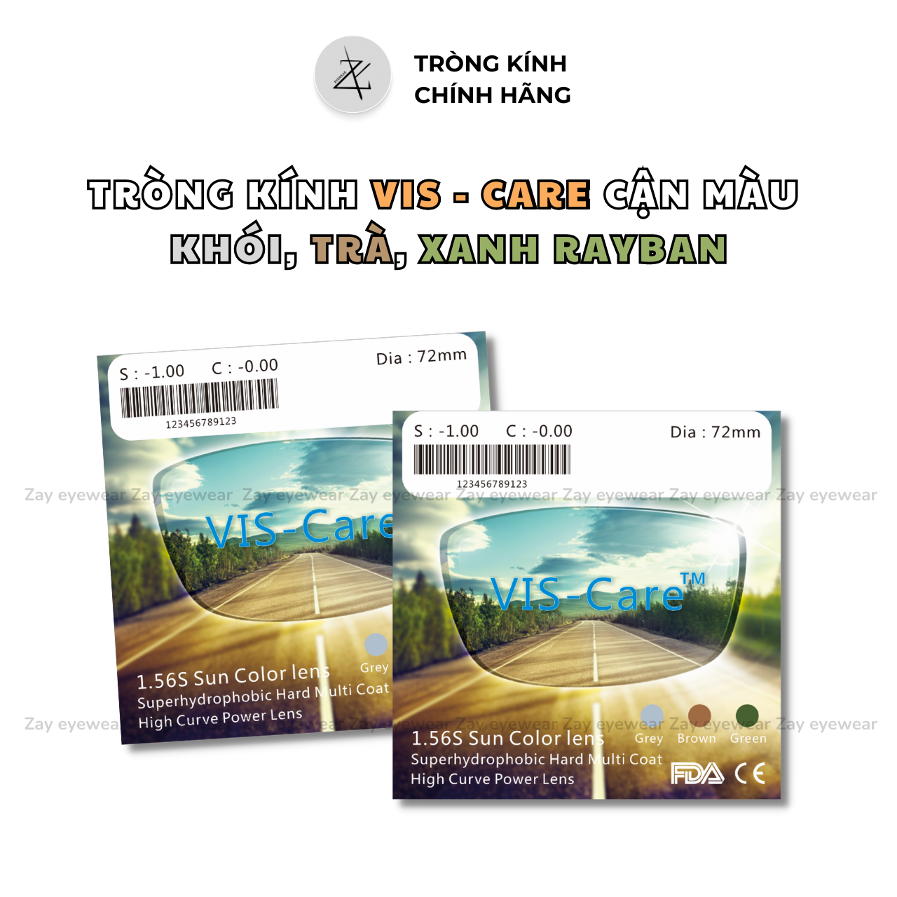  Tròng kính râm cận nhuộm màu Khói, Nâu, Xanh lá Vis Care 1.56 Singapore Sun Lens SHMC chính hãng 