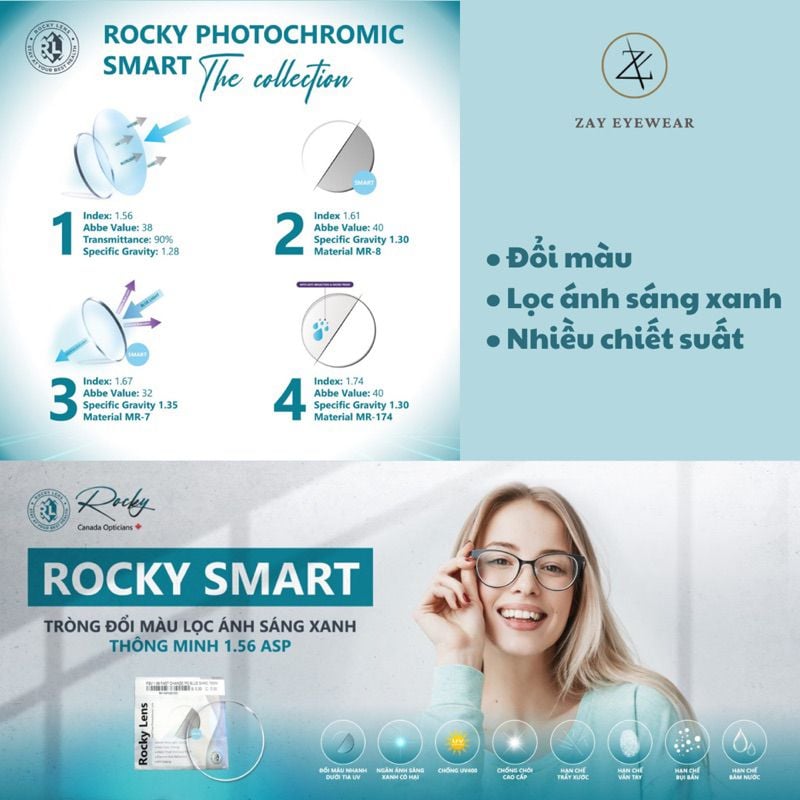  Tròng kính Đổi màu khói Siêu mỏng Lọc ánh sáng xanh Rocky Smart 1.56 1.61 1.67 Asp chính hãng 