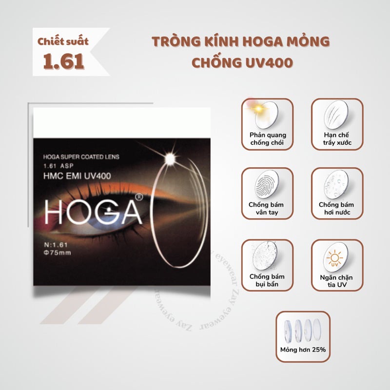  Tròng kính Chống tia UV Mỏng Hoga Hàn Quốc 1.61 HMC chính hãng 