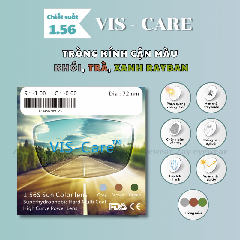  Tròng kính râm cận nhuộm màu Khói, Nâu, Xanh lá Vis Care 1.56 Singapore Sun Lens SHMC chính hãng 