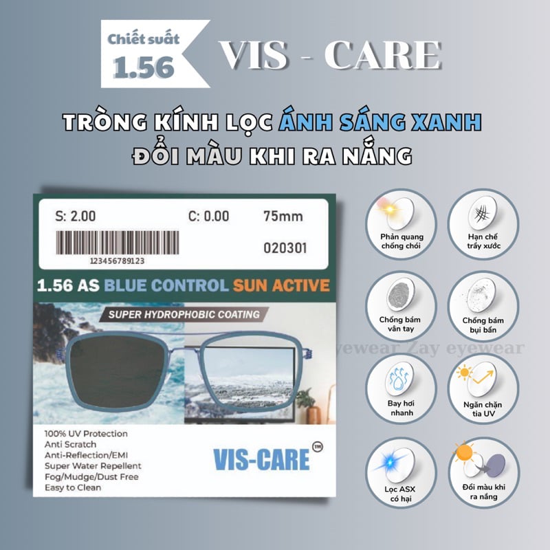  Tròng kính Đổi màu khói Lọc ánh sáng xanh Vis Care Singapore 1.56 AS Blue Sun Active SHMC chính hãng 