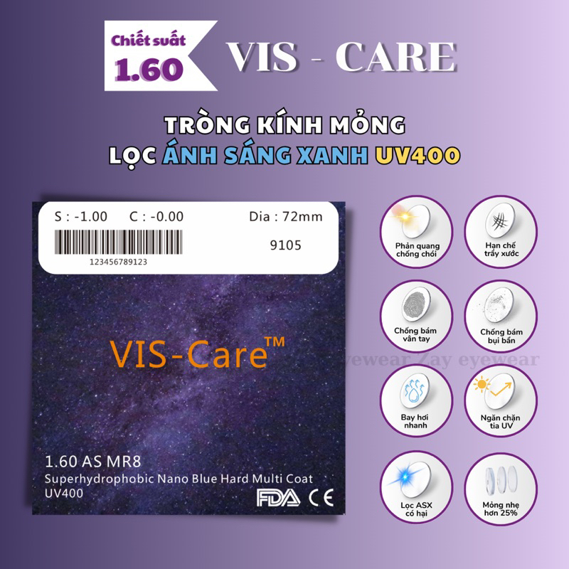  Tròng kính Lọc ánh sáng xanh Mỏng 1.60 Vis Care Singapore Nano Blue SHMC chính hãng 