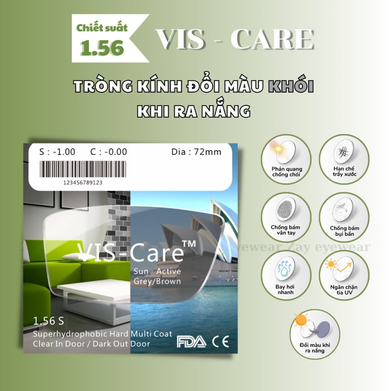  Tròng kính Đổi màu Lọc ánh sáng xanh Vis Care 1.56 AS Blue Sun Active SHMC chính hãng 