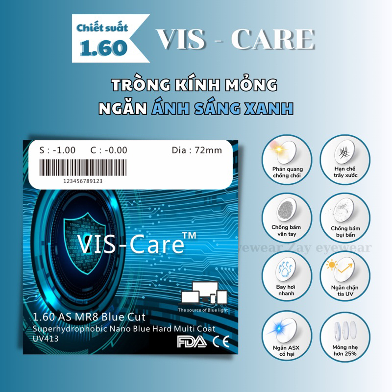  Tròng kính Chống ánh sáng xanh Mỏng 1.60 Vis Care Singapore Blue Cut SHMC chính hãng 