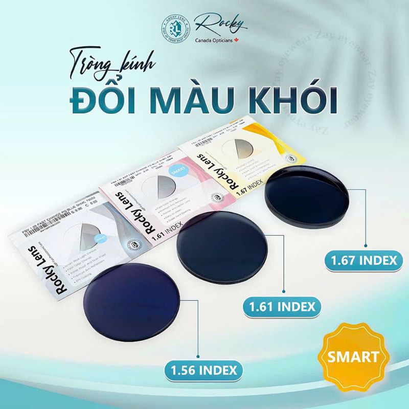  Tròng kính Đổi màu khói Siêu mỏng Lọc ánh sáng xanh Rocky Smart 1.56 1.61 1.67 Asp chính hãng 