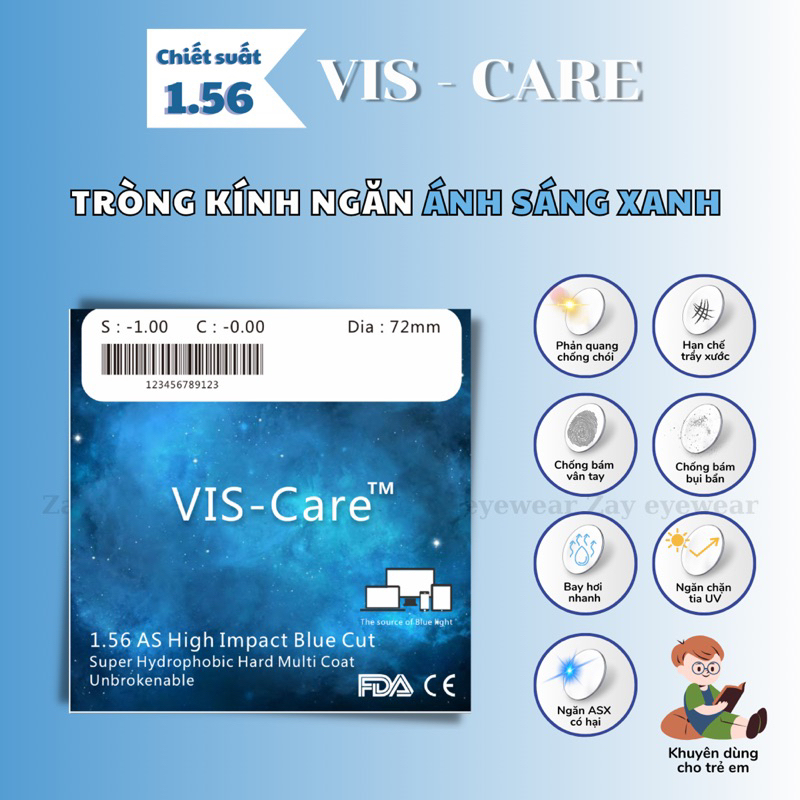  Tròng kính Chống bể Chống ánh sáng xanh Vis Care Singapore 1.58 Blue Cut SHMC chính hãng 