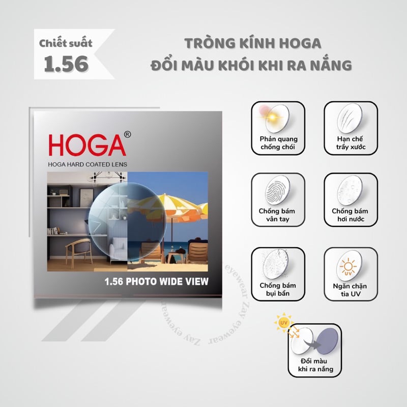  Tròng kính Đổi màu khói đen / màu nâu Chống tia UV Hoga 1.56 Hàn Quốc SHMC chính hãng 