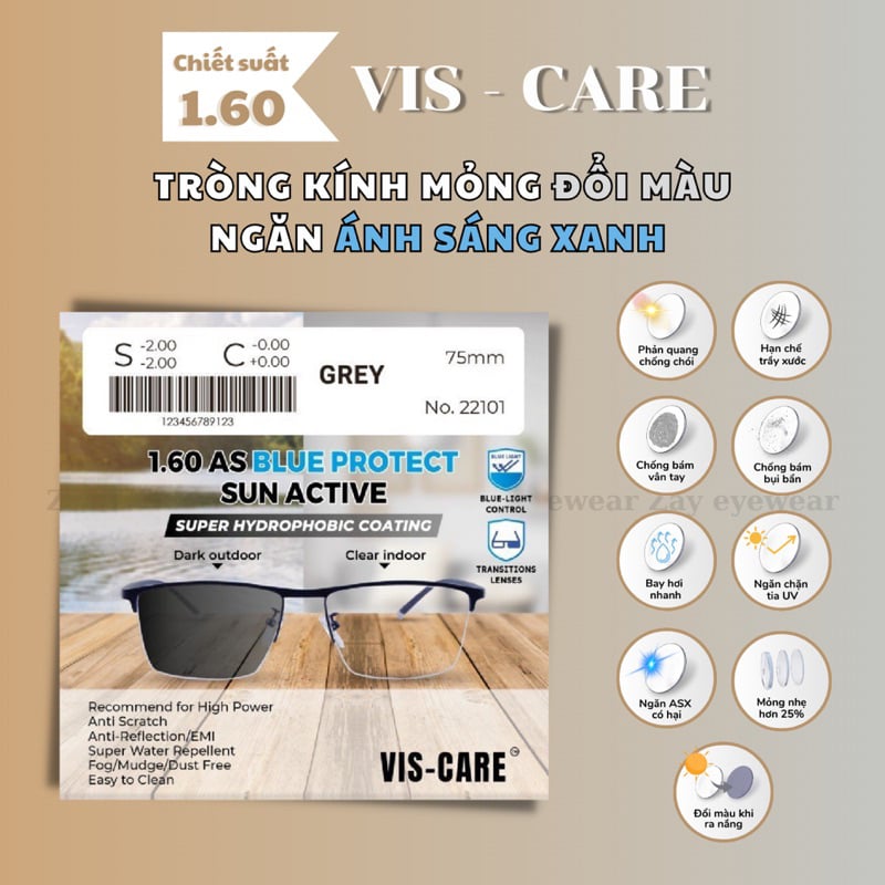  Tròng kính Đổi màu Lọc ánh sáng xanh Chống bể Mỏng 1.60 Vis Care Blue Protect Sun Active chính hãng 