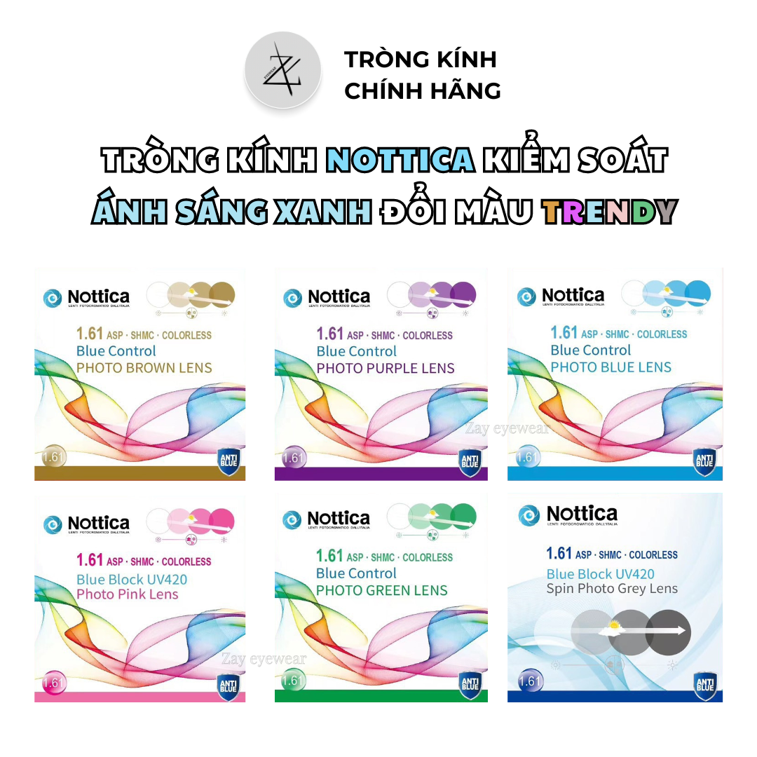  Tròng kính Đổi màu Trendy Lọc ánh sáng xanh Mỏng 1.61 ASP Blue Control Photo Nottica Italy chính hãng 