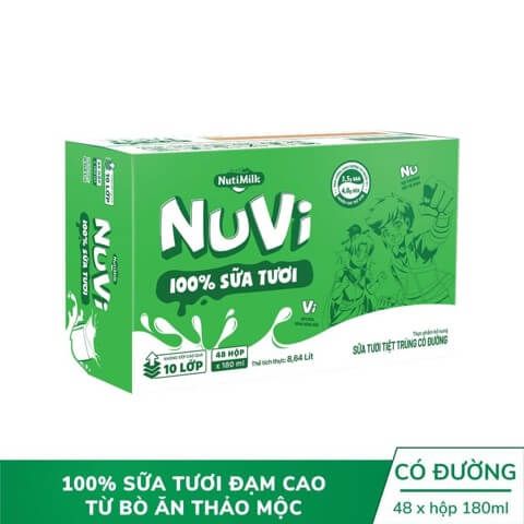 NuVi 100% Sữa Tươi – Sữa Tươi Tiệt Trùng Có Đường Hộp 180ml