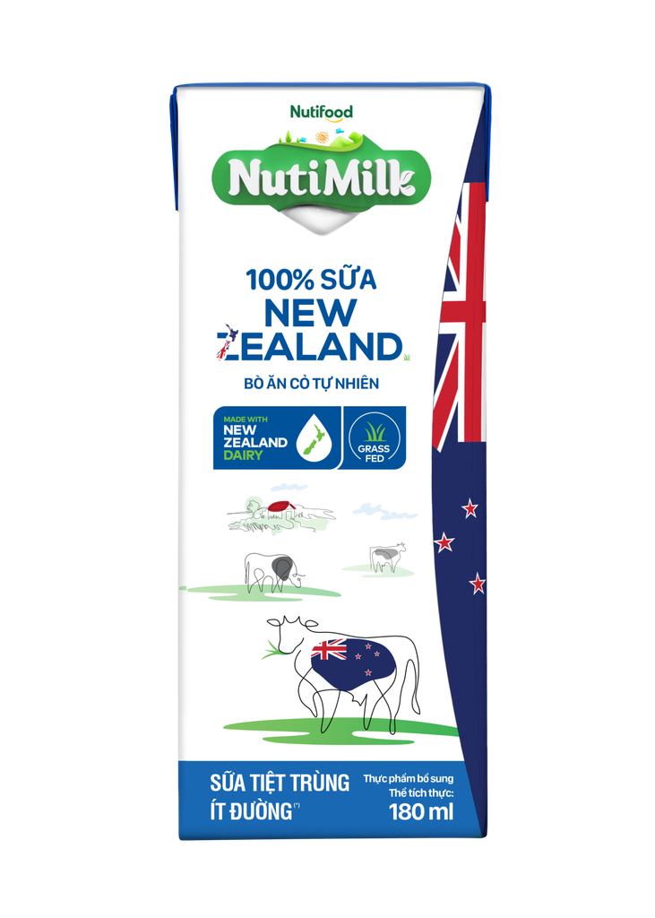 NutiMilk 100% Sữa New Zealand Bò Ăn Cỏ Tự Nhiên Ít Đường 180ml