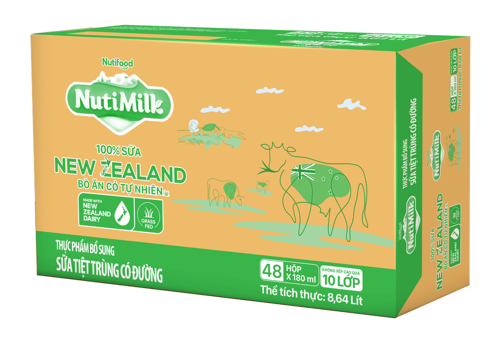 NutiMilk 100% Sữa New Zealand Bò Ăn Cỏ Tự Nhiên Có Đường 180ml