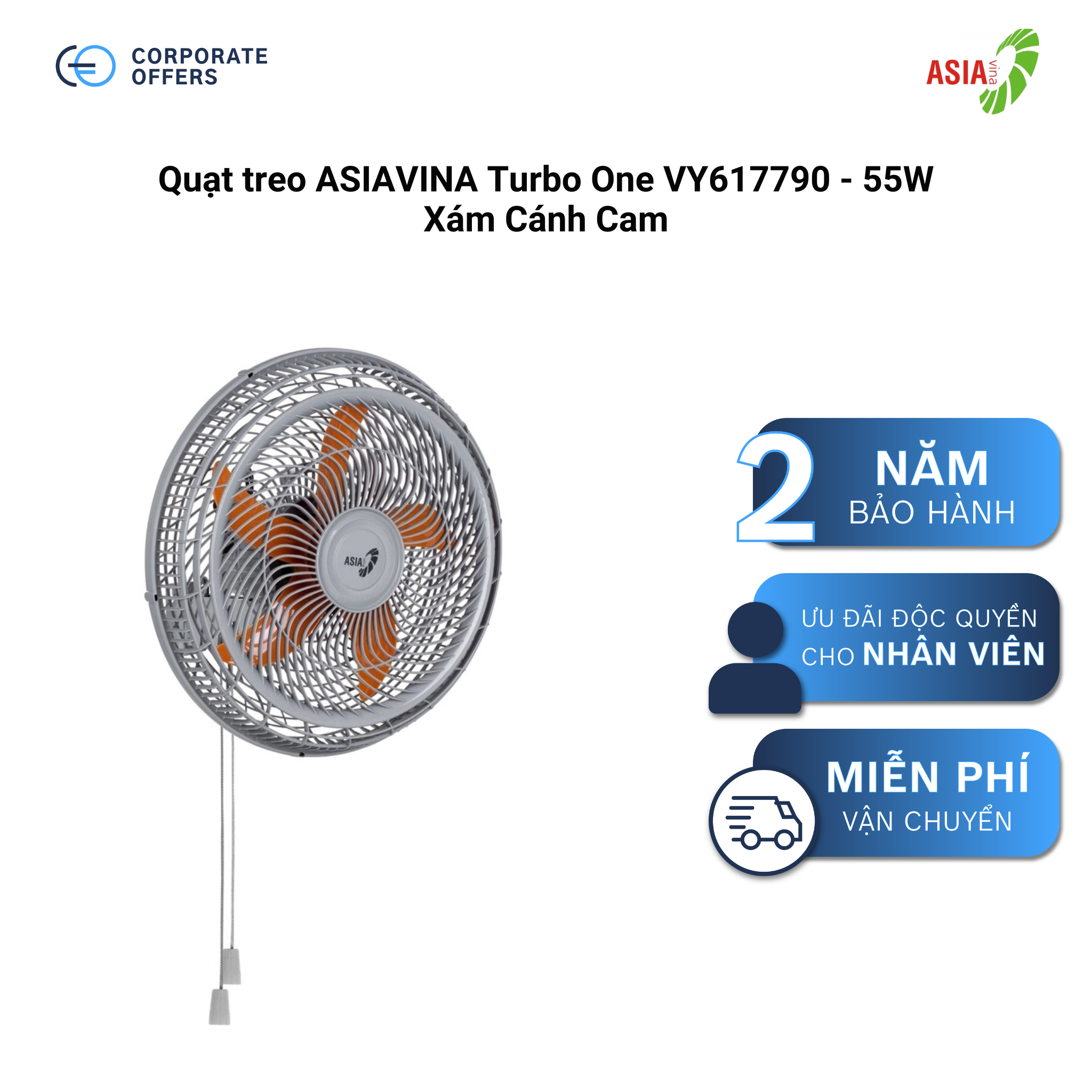  Quạt treo tường ASIAVINA Turbo One VY617790 - 55W Xám Cánh Cam 