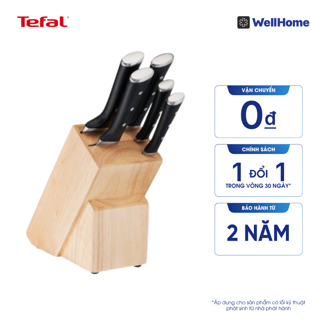  BỘ DAO THÉP ĐỨC 5 MÓN VÀ KỆ DAO GỖ TEFAL ICE FORCE K232S574, 20CM/20CM/18CM/11CM/9CM 