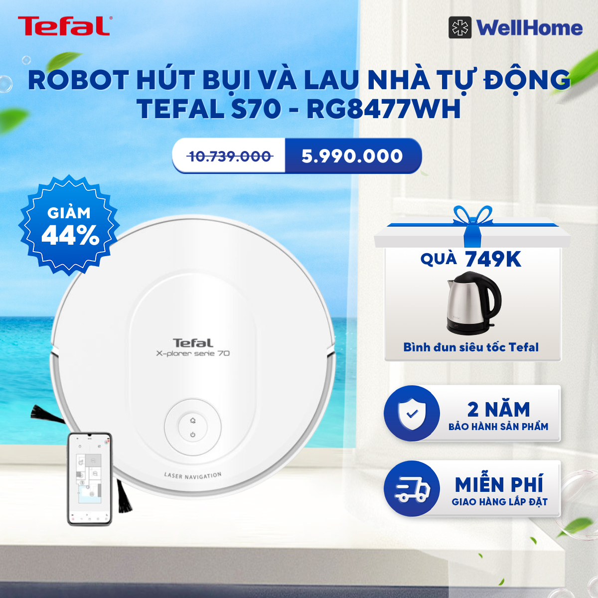  Robot hút bụi và lau nhà tự động Tefal S70  - RG8477WH 