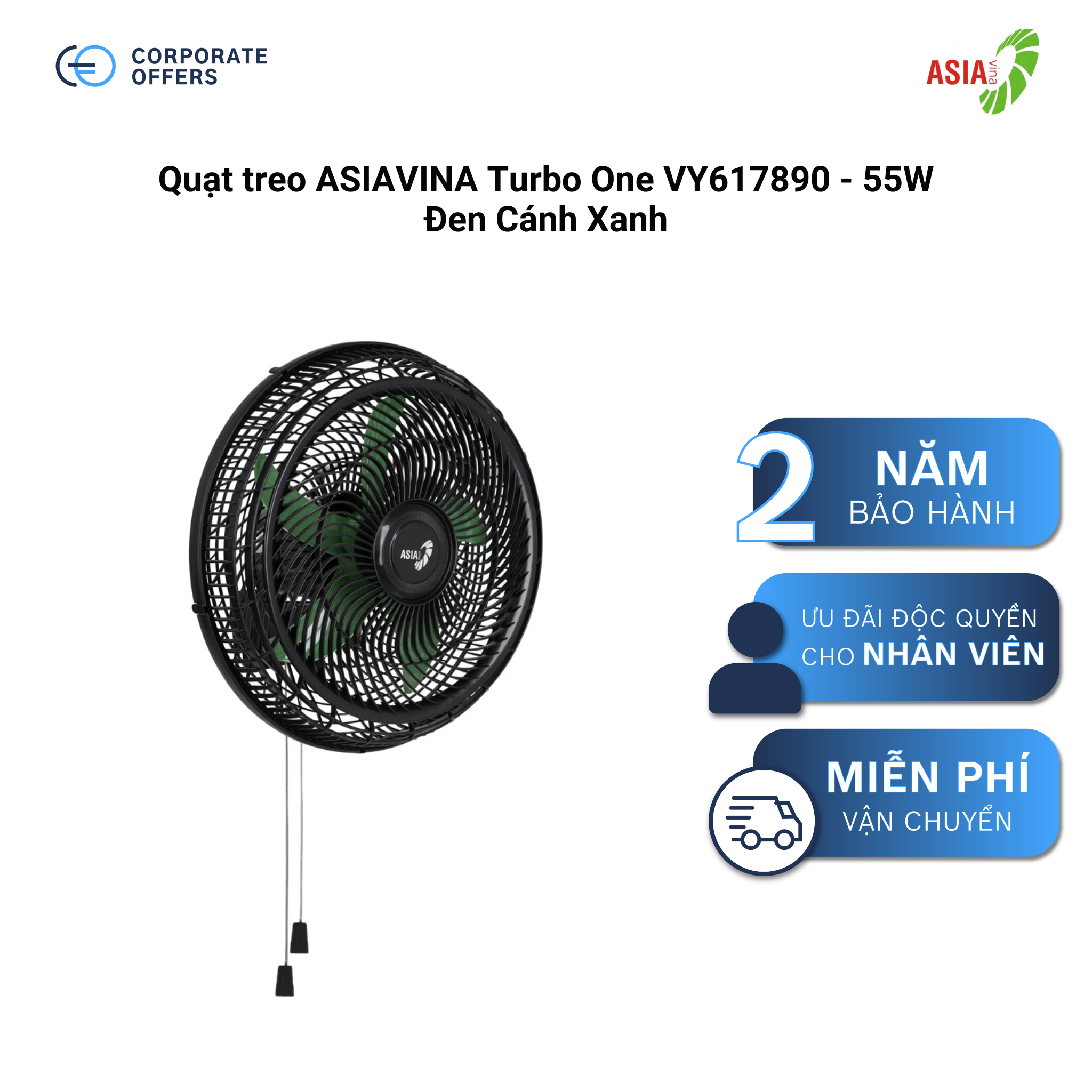  Quạt treo tường ASIAVINA Turbo One VY617890 - 55W Đen Cánh Xanh 