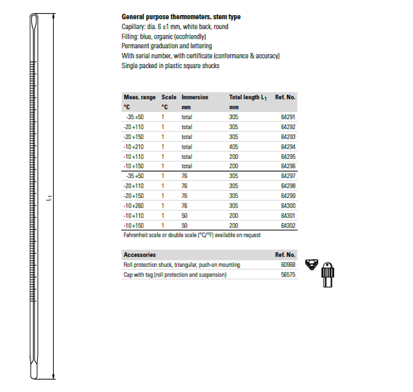 Nhiệt kế thủy tinh cầm tay Ludwig Schneider 64291~64302 (-35~260°C, Scale:1°C)