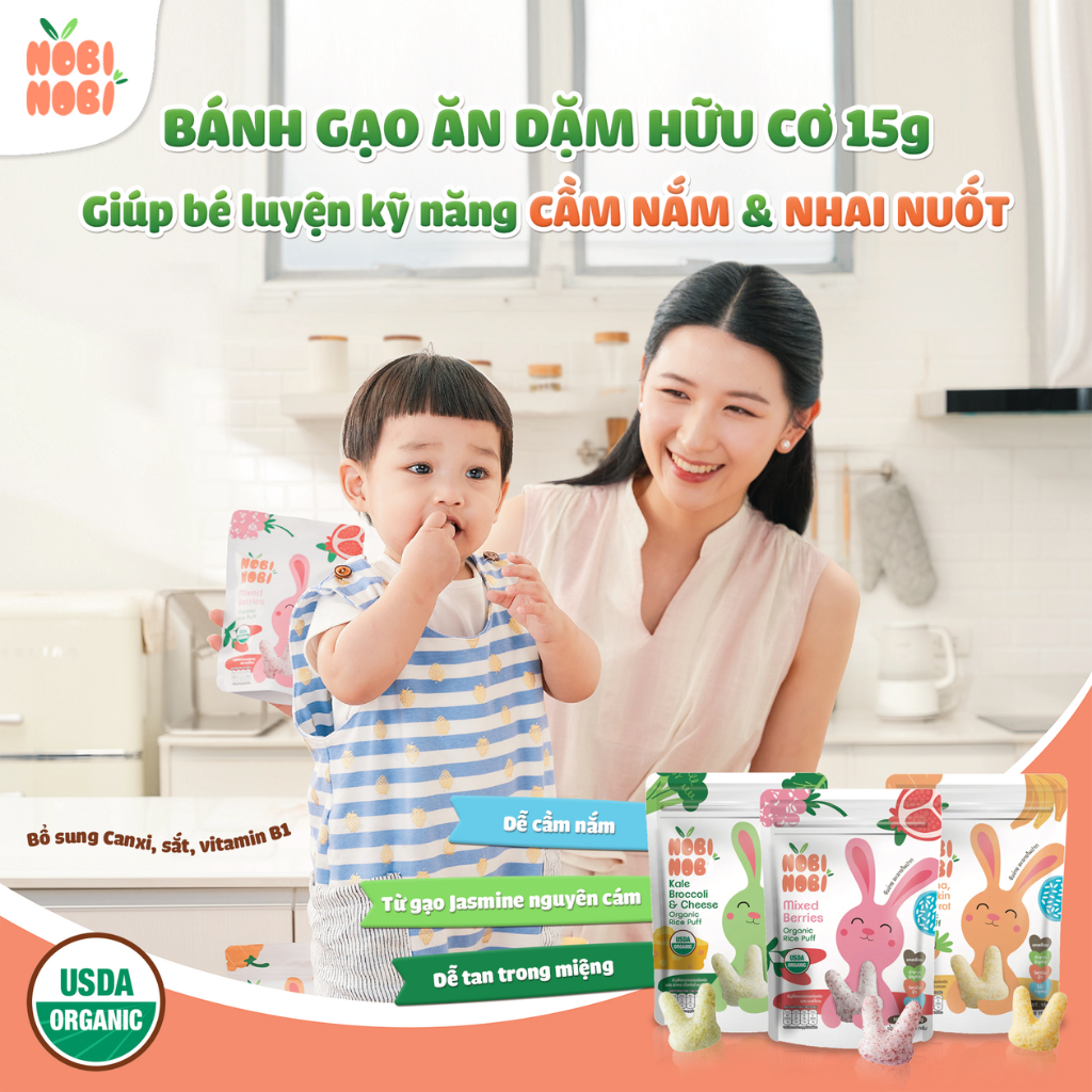 Thực phẩm bổ sung bánh gạo ăn dặm hữu cơ cho bé Nobi Nobi vị chuối, bí đỏ, cà rốt 15g (Từ 8 tháng tuổi)