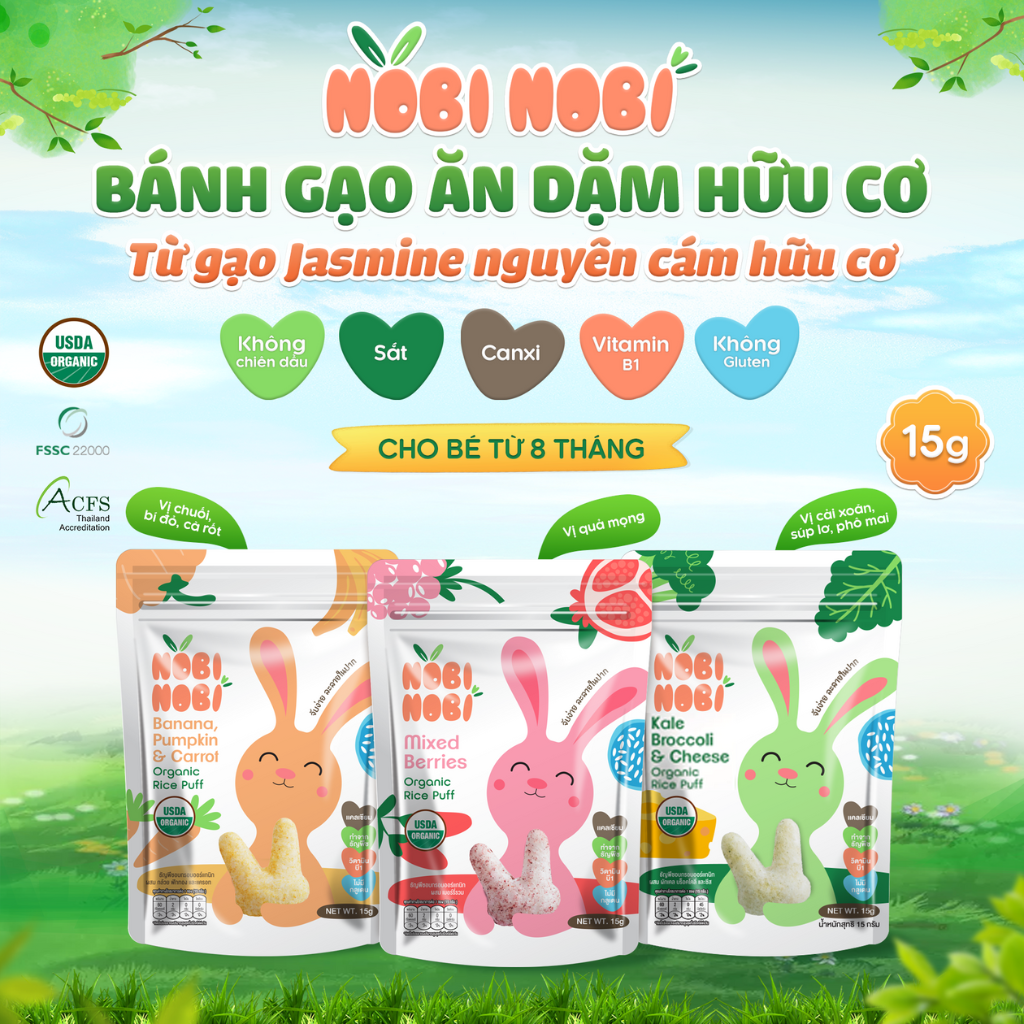 Thực phẩm bổ sung bánh gạo ăn dặm hữu cơ cho bé Nobi Nobi vị chuối, bí đỏ, cà rốt 15g (Từ 8 tháng tuổi)