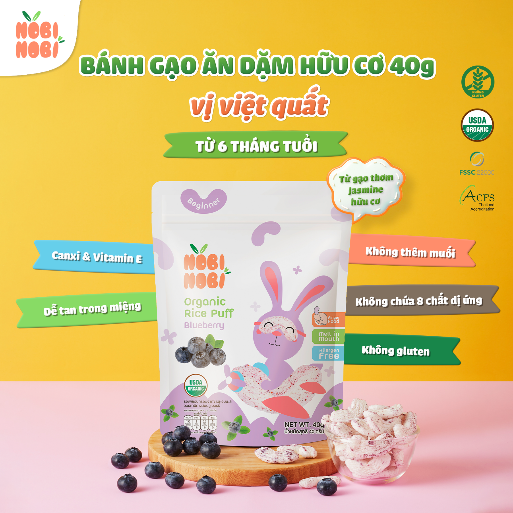 Thực phẩm bổ sung bánh gạo ăn dặm hữu cơ cho bé Nobi Nobi vị việt quất 40g (Từ 6 tháng tuổi)