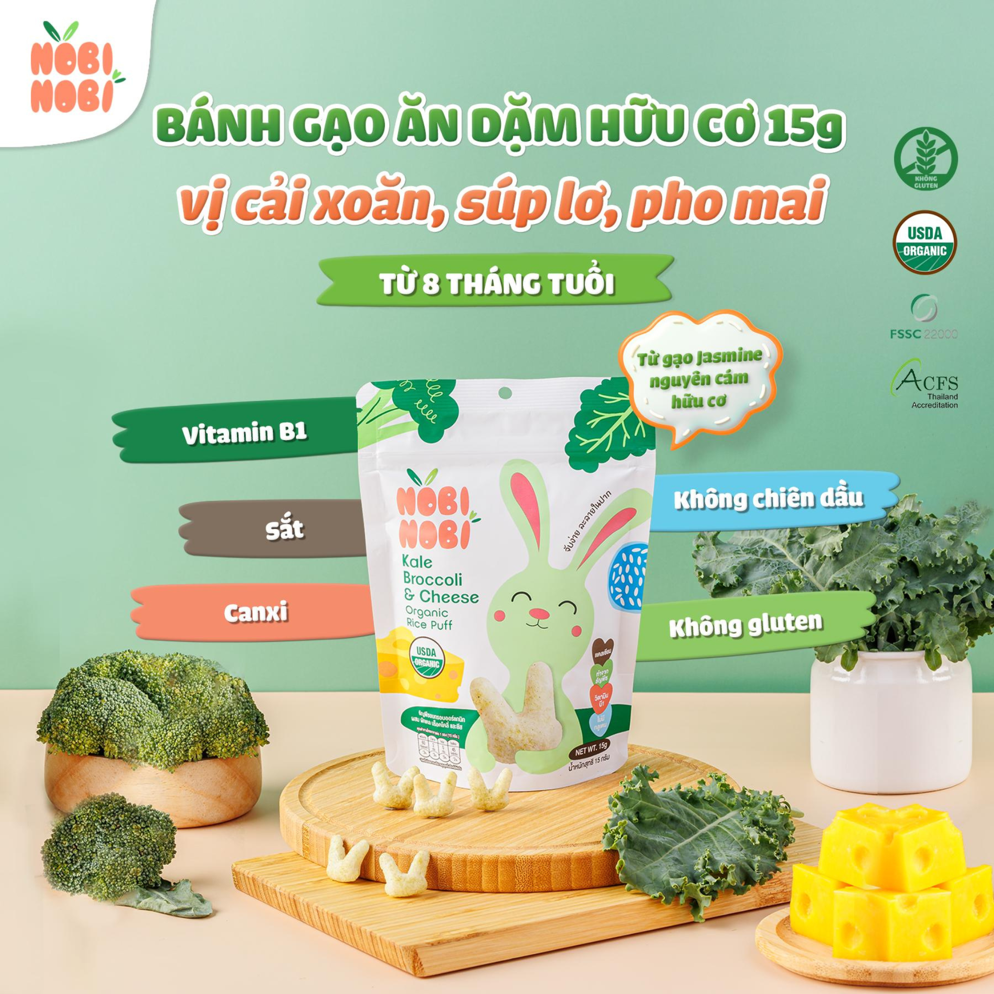 Thực phẩm bổ sung bánh gạo ăn dặm hữu cơ cho bé Nobi Nobi vị cải xoăn, súp lơ, phô mai 15g (từ 8 tháng tuổi)