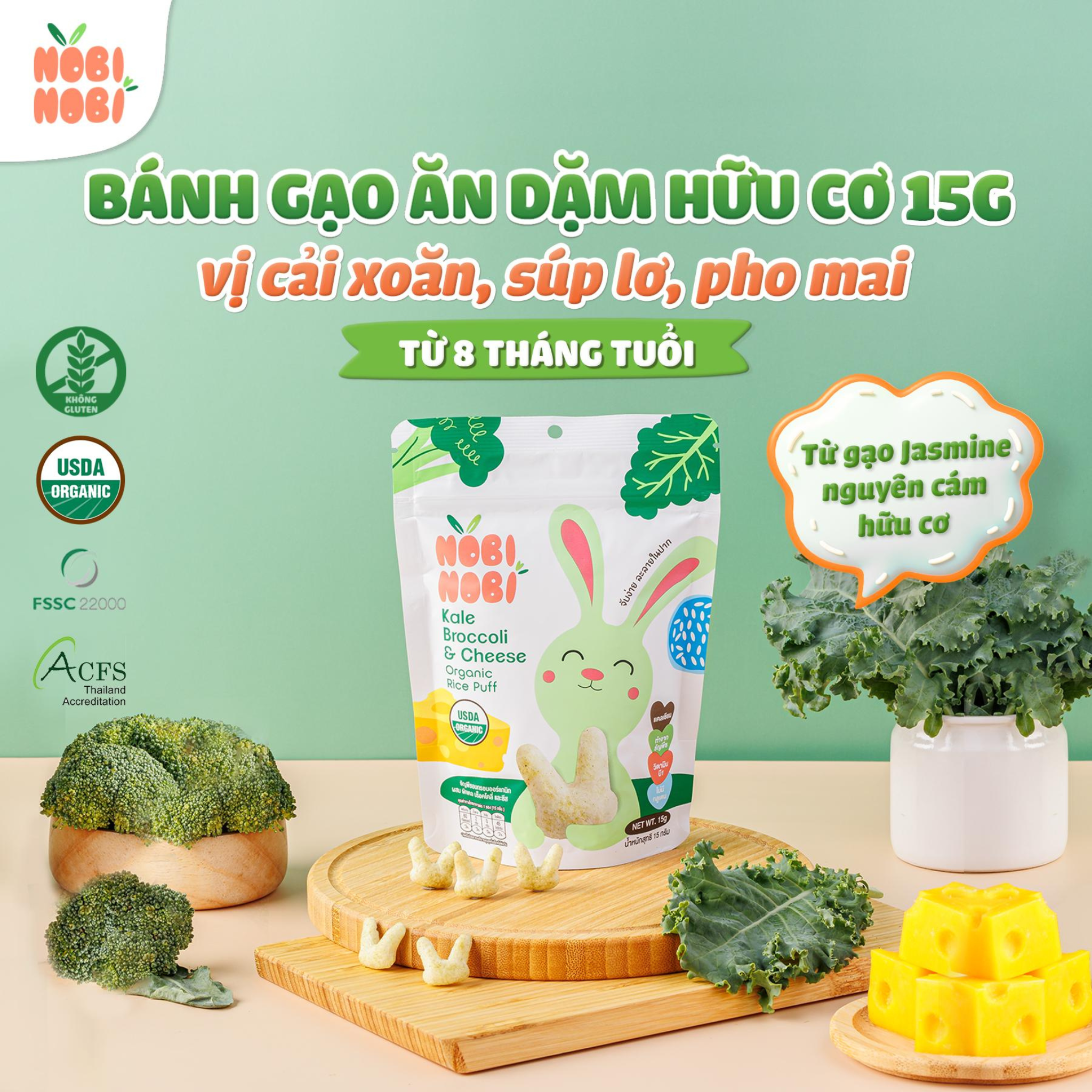 Thực phẩm bổ sung bánh gạo ăn dặm hữu cơ cho bé Nobi Nobi vị cải xoăn, súp lơ, phô mai 15g (từ 8 tháng tuổi)