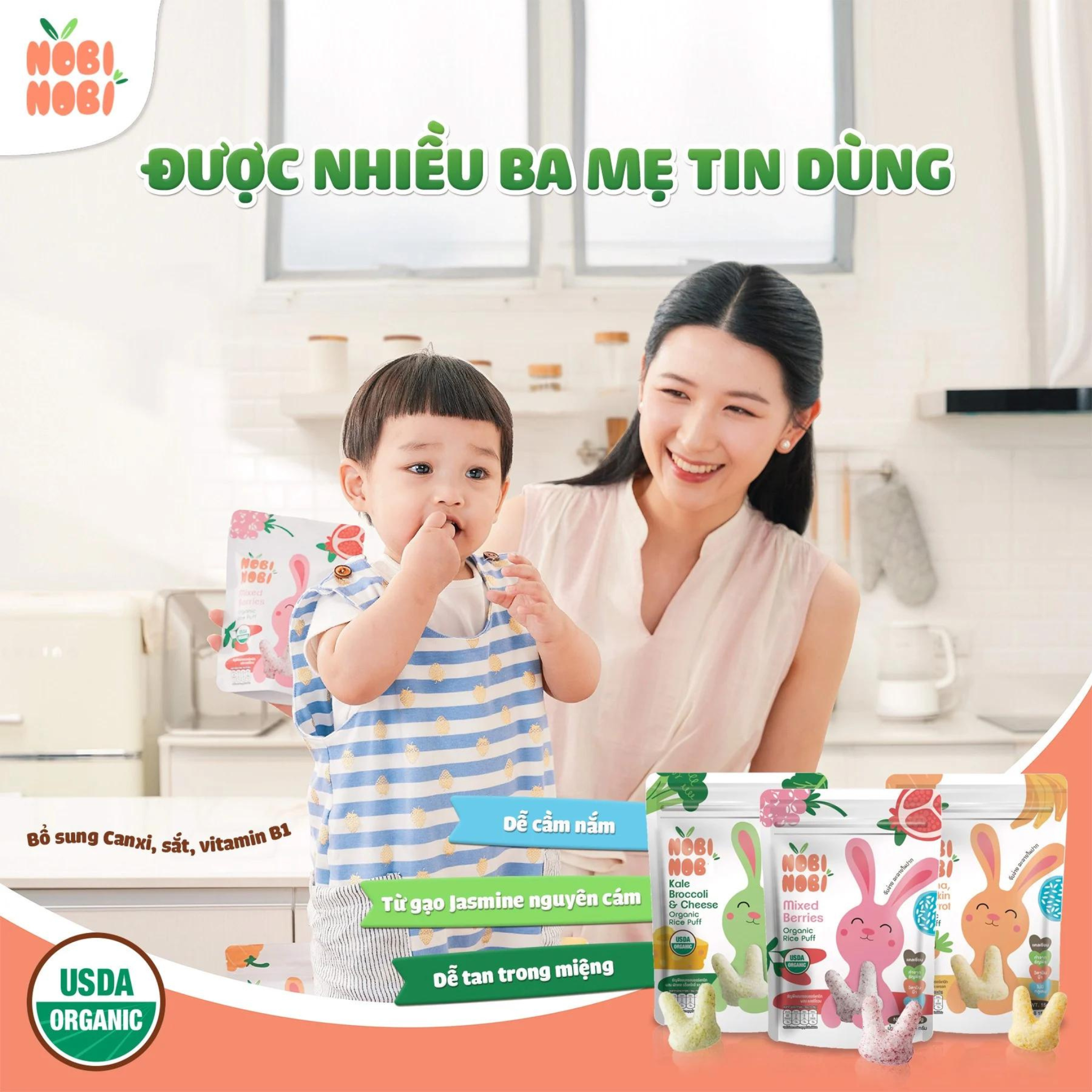 Thực phẩm bổ sung bánh gạo ăn dặm hữu cơ cho bé Nobi Nobi vị cải xoăn, súp lơ, phô mai 15g (từ 8 tháng tuổi)