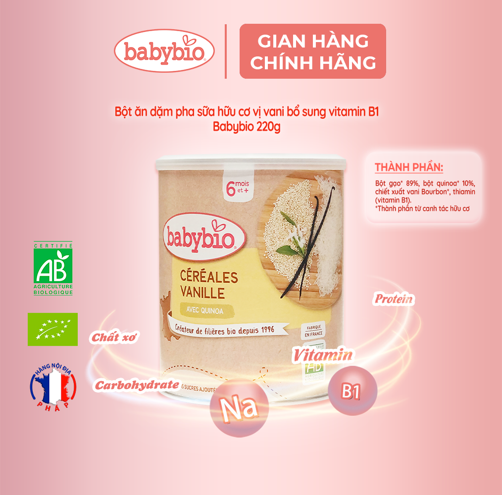 Thực phẩm bổ sung bột ăn dặm pha sữa hữu cơ vị vani bổ sung vitamin B1 Babybio 220g (≥ 6 tháng)