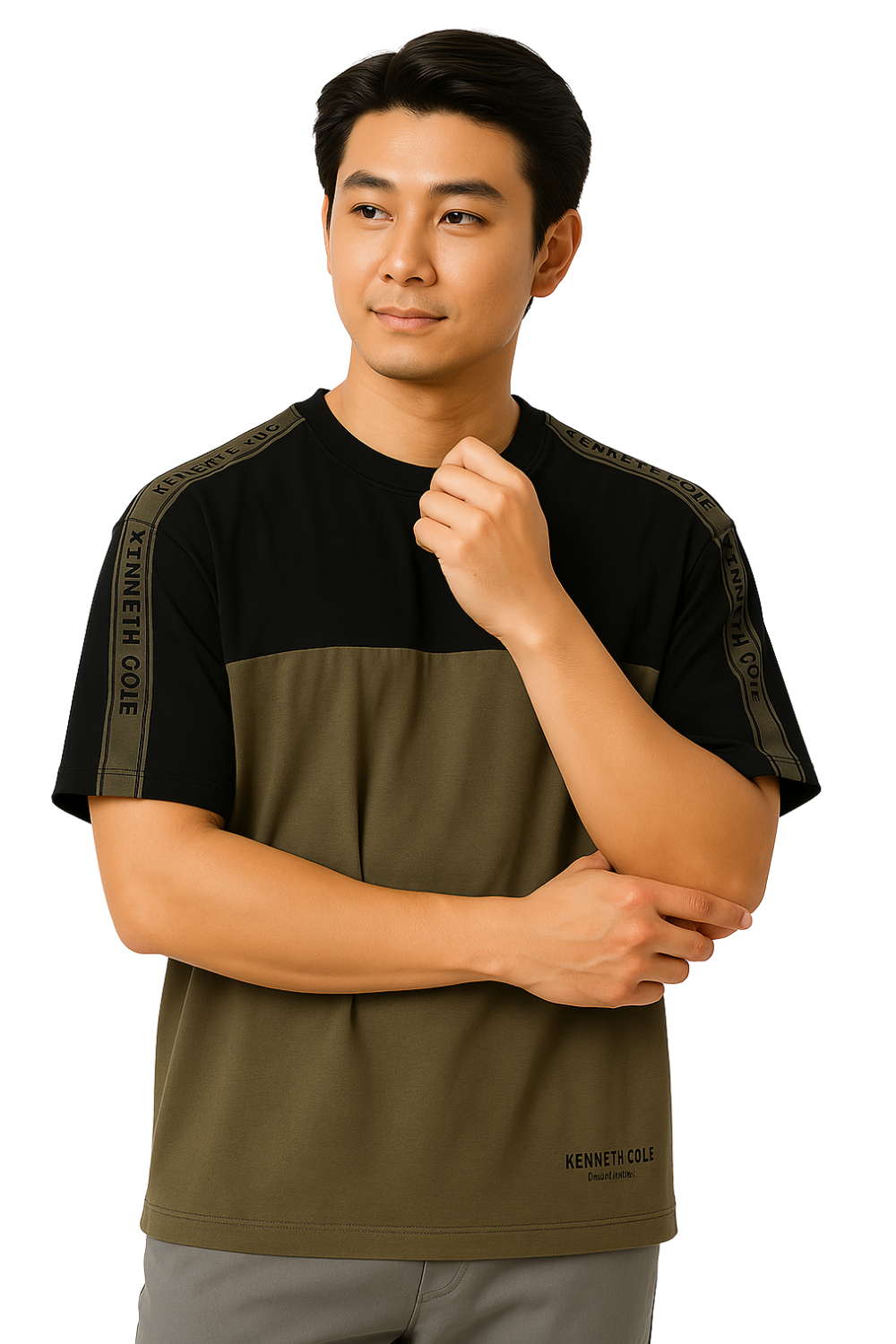  Áo Thun Nam KC Tay Lỡ Form Rộng Unisex Phối Màu Đen Rêu - Streetwear Cá Tính 