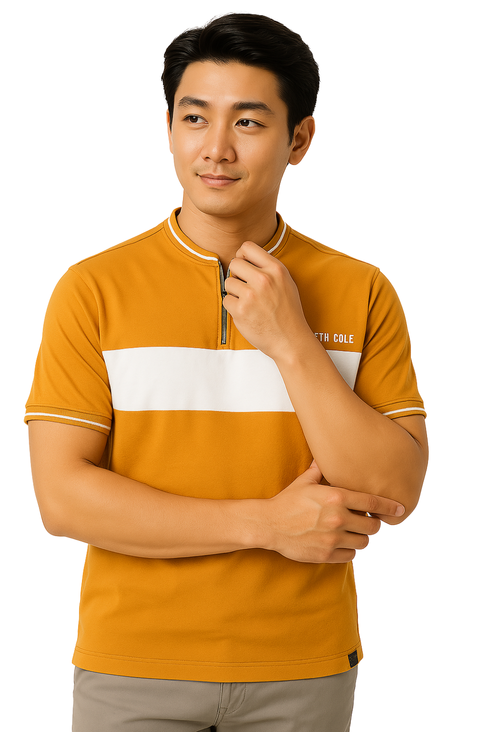  Áo Thun KC Nam Tay Ngắn Màu Mustard Khóa Zip Phối Sọc Ngang Ngực 