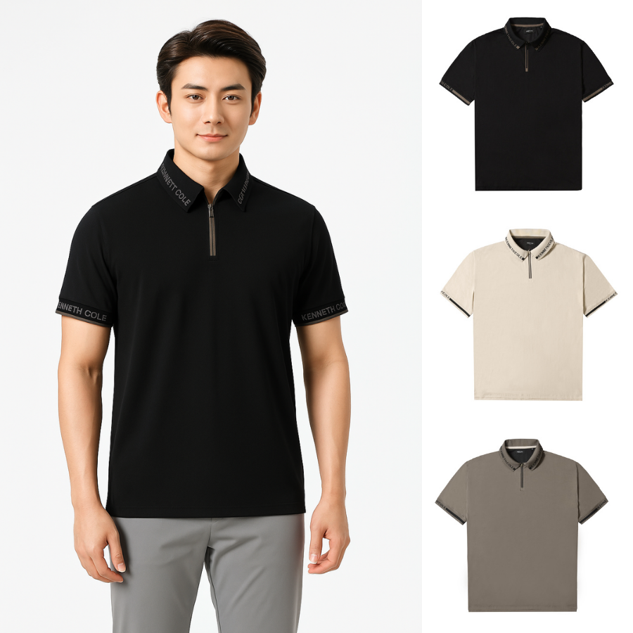  Áo Polo nam cổ khóa kéo KC, Viền bo dệt logo Jacquard, Vải thun Jersey cao cấp, Áo polo zip hiện đại 