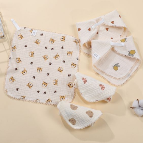  Set 5 Khăn Xô Muslin 2 lớp 100% Cotton Siêu Mềm, Khăn Rửa Mặt Cho Bé Hàng Cao Cấp 25x25cm 