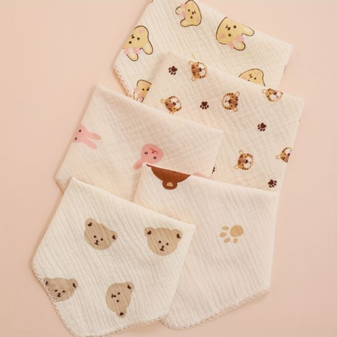  Set 5 Khăn Xô Muslin 2 lớp 100% Cotton Siêu Mềm, Khăn Rửa Mặt Cho Bé Hàng Cao Cấp 25x25cm 