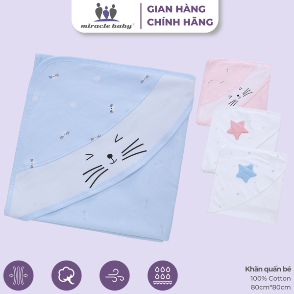  MiracleBaby - Chăn quấn/khăn ủ cho bé sơ sinh cao cấp chất liệu Cotton nguyên chất kích thước 80x80cm 