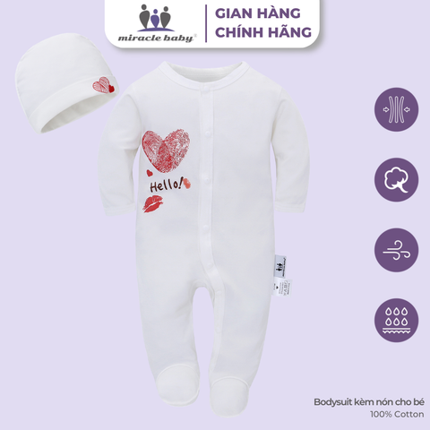  MiracleBaby - Bodysuit kèm nón cho bé sơ sinh Thumb Love 0-3M chất liệu Cotton co giãn, thấm hút mồ hôi, an toàn cho bé 