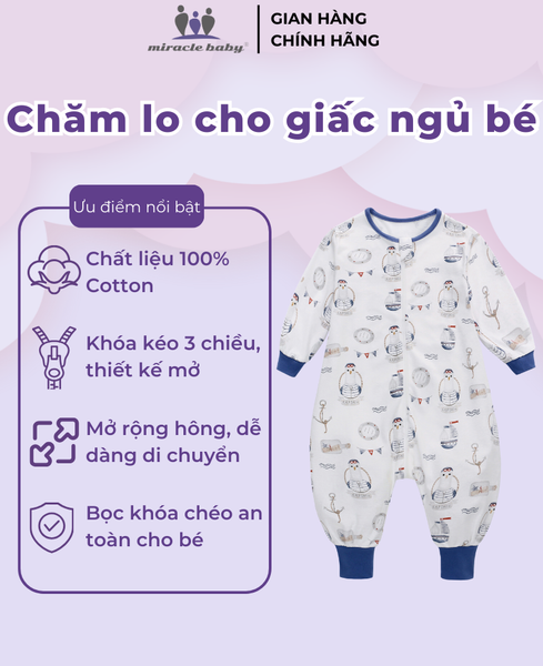  MiracleBaby - Túi ngủ quần chất liệu Cotton bản cải tiến mới co giãn tốt, thoải mái, hạn chế giật mình cho bé khi ngủ 
