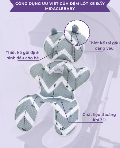  MiracleBaby - Miếng lót xe đẩy hình gấu dễ thương siêu thoáng khí 3D phù hợp cho nhiều loại xe đẩy 