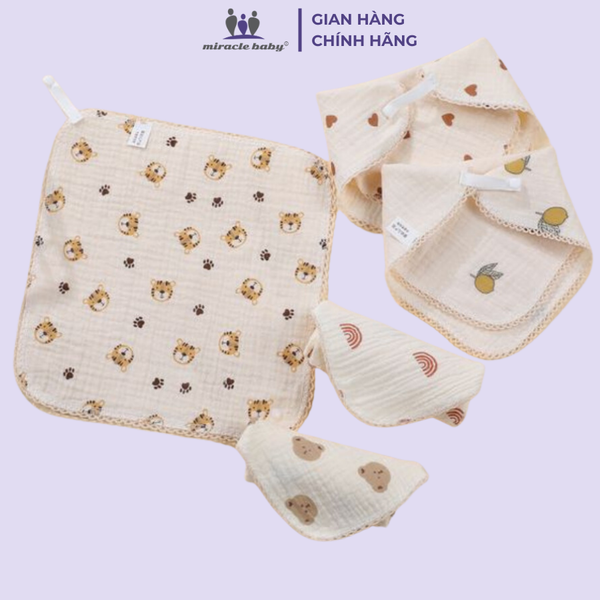  Set 5 Khăn Xô Muslin 2 lớp 100% Cotton Siêu Mềm, Khăn Rửa Mặt Cho Bé Hàng Cao Cấp 25x25cm 