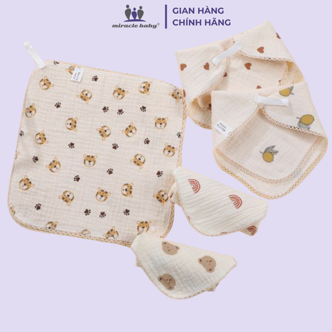  Set 5 Khăn Xô Muslin 2 lớp 100% Cotton Siêu Mềm, Khăn Rửa Mặt Cho Bé Hàng Cao Cấp 25x25cm 