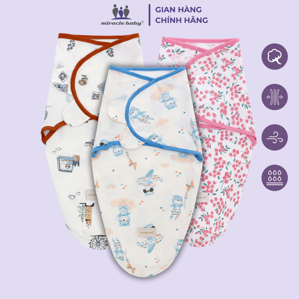  Miracle Baby - Khăn quấn, choàng ủ, ủ kén sơ sinh Miracle Baby có mũ vải cotton cho bé 