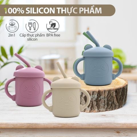  Cốc Tập Hút SILICONE An Toàn Dễ Thương Kèm Ống Hút Cho Bé 